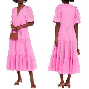 RHODE Gina Tiered Cotton Midi Wrap Dress Fuschia Pink Size Large